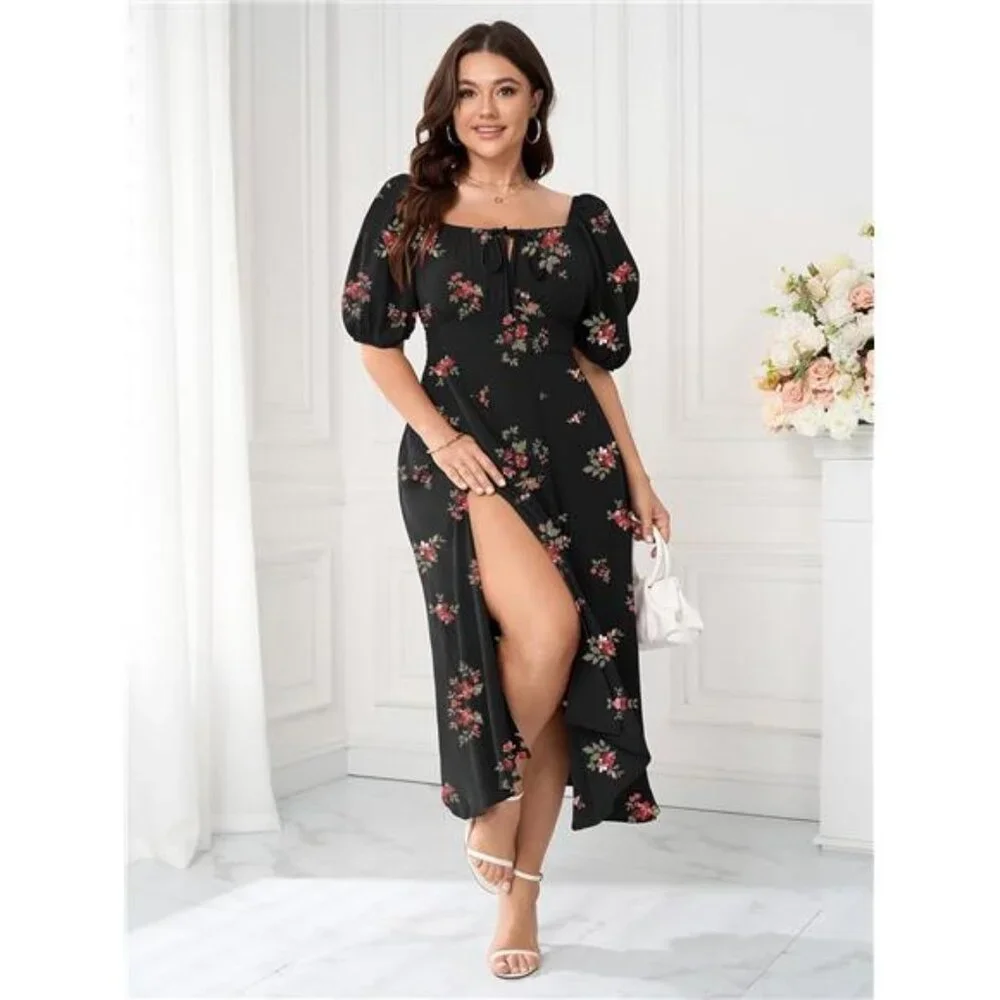 Women's Plus Size Summer Dress Short Sleeve Square Neck Milkmaid Maxi Long Dress_2